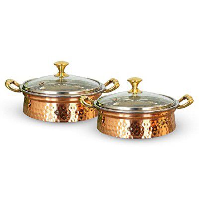 INDIAN ART VILLA Steel Copper Handi/Casserole Bowl with Induction Bottom 1950 ml, Pack of 2