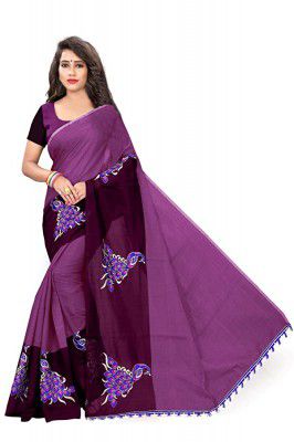 Indian Fashionista Womens Chanderi Cotton Saree With Unstitched Blouse Piece And Peacock Embroidery Work (Free size)