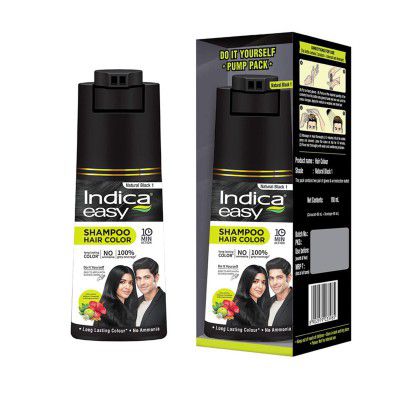 Indica Easy Do-It-Yourself Hair Color Shampoo Pump Pack with 5 Herbal Extracts and 100% Ammonia Free, 180 ML - Natural Black Colour (Gloves Included)