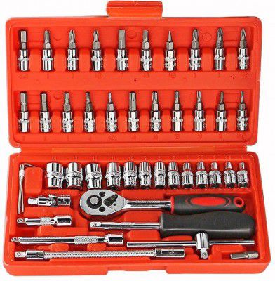 Inditrust Red 46 in 1 Pcs Tool Kit for Home Use Spanner Set Socket Set Wrench Set Bike Tool Kit Set Goti Pana Set