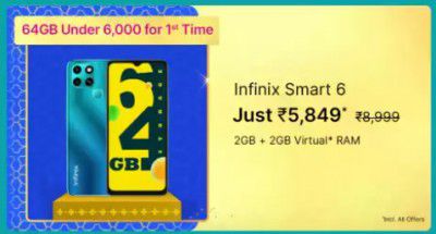 Infinix Smart 6 (64 GB) @ ₹5,849 on Flipkart Big Billion Days Sale