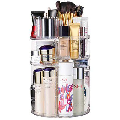 INOVERA (LABEL) Cosmetic Makeup Storage Holder Organizer Adjustable 360 Rotation Box Case, 23L x 23B x 30H cm. (Transparent, Plastic;Rubber)