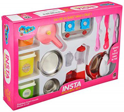 Insta kitchenset Kitchenware Set Toy Non Toxic Plastic and Stainless Steel Cooking Accessories for Girls Age 3 Years Plus