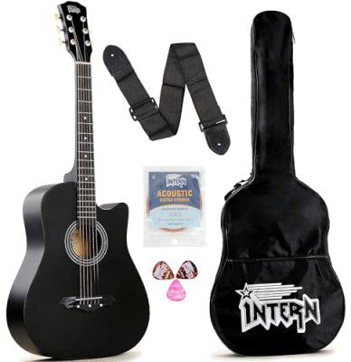 Intern INT-38C-BK Right hand Acoustic Guitar Kit, With Bag, Strings, Pick, Strap and String Winder (Black)