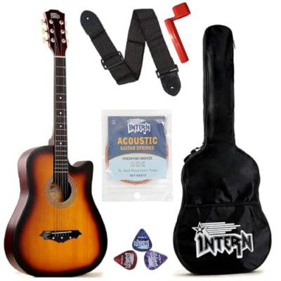 Intern INT-38C-SB Right hand Acoustic Guitar Kit, With Bag, Strings, Pick, Strap and String Winder (38C, Sunburst)