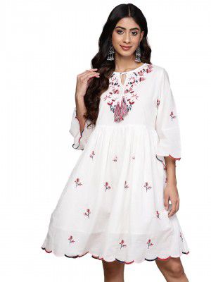 ishin Women's Viscose Rayon Embroidered White Knee Length A-Line Indo-Western Dress