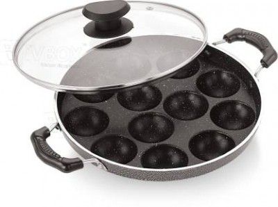 iVBOX 1.4kg Heavy-Weight Non-Stick 12 Cavity Appam Pan Paddu Paniyarakkal Maker Paniyaram Patra Ponganal Baati Baking Pot with Glass Lid with Lid 1 L capacity 25 cm diameter  (Aluminium, Non-stick)