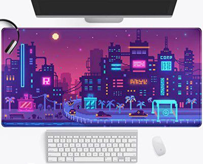 Japanese Purple Anime Desk Mat, Tokyo City Street Mouse Pad Pixel Art Neon Vaporwave Desk Pad XXL, Long Laptop Keyboard Mats for Desk Kawaii Full Desk Mousepad Gaming Accessories 31.5x15.75 in