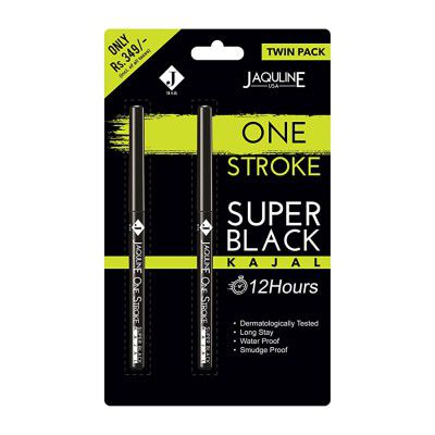 Jaquline USA Onestroke Super Black Kajal Twin Pack, Smudge Proof, Water Proof, Black, (Pack of 2)