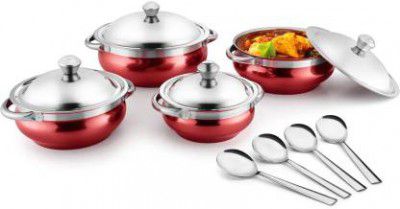 Jensons 4 Handi with lid + 4 Serving Spoon Induction Bottom Cookware Set (8 - Piece)