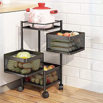 JEYANG Kitchen Trolley with Wheels - Fruit, Vegetable, Accessories Storage Item Organizer Basket Rack Stand for Modular Kitchen (Square, 3 Layer)