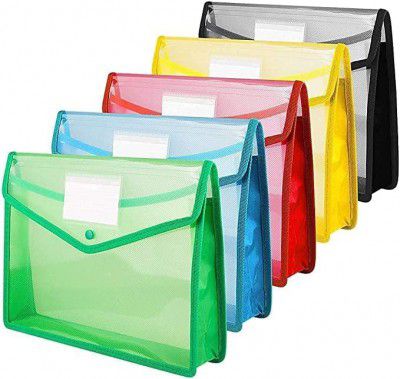 JEYANG Transparent Envelope Folder, Poly-Plastic A4 Documents File Storage Bag with Snap Button (Assorted Color, Pack - 5)