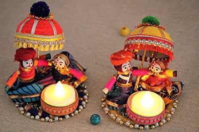 JH Gallery Recycled Material Rajasthani Raja Rani Puppet | Dolls Decorative Tealight Candle Holder | Diwali Decoration Items for Home Decor | Tea Light Candle Holder(Pack of 2)