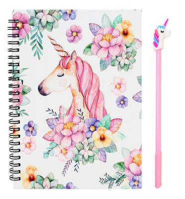 Jiada Unicorn Print Wirebound Spiral Diary Notebook A5 Size, 160 Pages - 1 Unicorn Pen Free