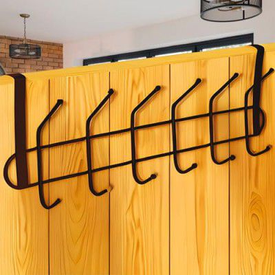 JIALTO 1 Pcs Over The Door Steel Hook Hanger - Hanging Organizer with 6 Hooks for Bedroom, Bathroom & Kitchen Doors, No Drilling Required for Shirts, Belts, Towels