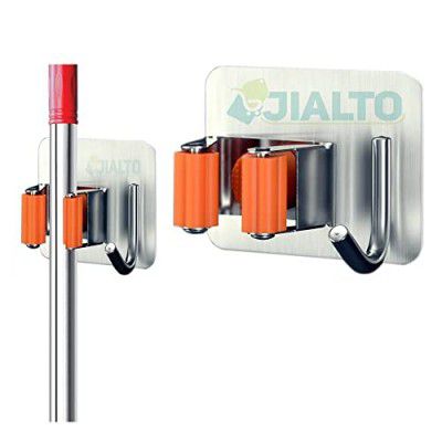 JIALTO Mop and Broom Holder, Broom Holder Wall Mounted, Adhesive Storage Solutions for Broom Holders, Garage Storage Systems Broom Organizer (1, Orange Broom)