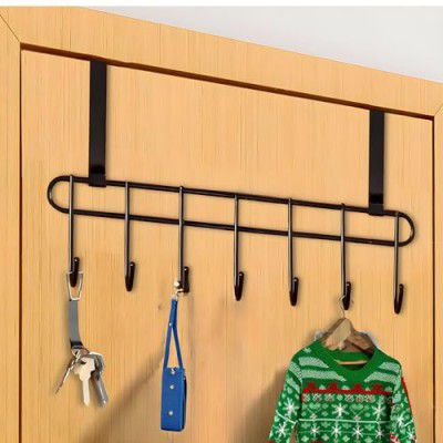 JIALTO Steel Over The Door Hook Hanger, Hanging Organizer Rack with No Hole Drilling Required for Bedroom, Bathroom & Kitchen Doors of Shirts, Belts, Towels with 7 Hook Rack (1 Black)