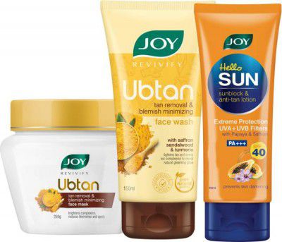 Joy Tan Removal Combo|Hello Sun SPF40 - 60ml|Ubtan Face Wash 150ml|Ubtan Mask 250gm  (3 Items in the set)