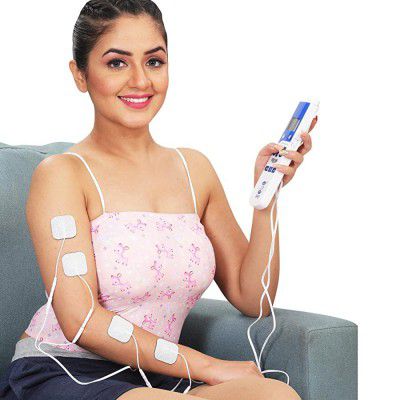 JSB HF61 Electric Tens Massager Pulse Nerve Stimulator Machine for Body Pain Relief, Muscle Toning and Slimming (AAA Battery Powered) (White-Blue)