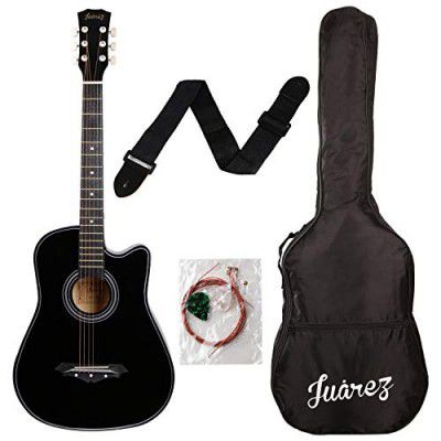 Juarez Lindenwood Acoustic Guitar, 38 Inches Curved Body Cutaway, 38CUR With Bag, Strings, Pick And Strap (Black)