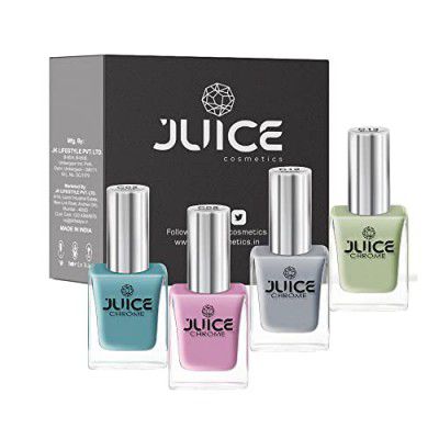 Juice One Coat Nail Paint, Glossy Finish, Combo Teal Blue - C02, Blooming Pink - C05, Blush Silver - C12, Misty Green -C13 Long Lasting 11Ml Each Pack Of 4