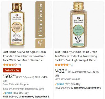 Just Herbs Ayurvedic Skin Care Products apply 35% coupon