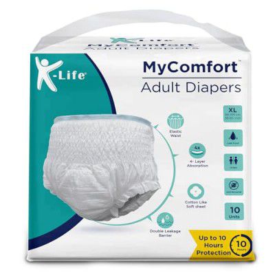 K-life Premium Anti-Bacterial 4layer Absorption Unisex Pant Style Adult Diapers | Pack of 1 | 10 Count | Extra Large (Waist Size 38-65 inch |96-165 cm)