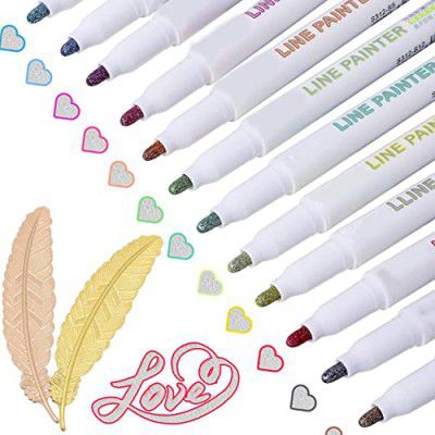 KARP Outline Markers Pens -12 Colors Double Line Markers For Art,Super Squiggles Shimmer Markers Set|Glitter Outline Markers Diy Photo Birthday Greeting|Painting|Kid Journal|Assorted|Fine