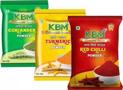 KBM Premium 100% Organic Turmeric, Coriander & Red Chilli Powder Masala Combo for Cooking  (3 x 500 g)