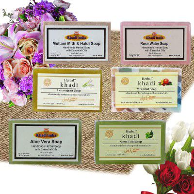 Khadi Natural Herbal handmade Aloevera, Neem Tulsi, Lemongrass, Mix fruit, Rose Water, Multani Mitti & Haldi Soap for bath for skin whitening (pack of 6)