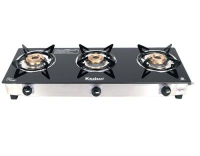 Khaitan 3 Burner Smart BP Jio SS Black Toughened Glass LPG Gas Cooktop, Manual Ignition Gas Stove with 1 Year Warranty (ISI Approved)