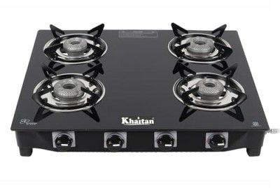 Khaitan 4 Burner Active Forge Black Toughened Glass | LPG Cooktop (Black) (4 Burner)