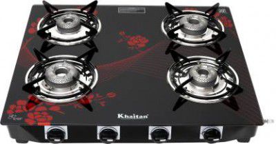 Khaitan 4 Burner Active Forge Red Toughened Glass Manual Gas Stove 