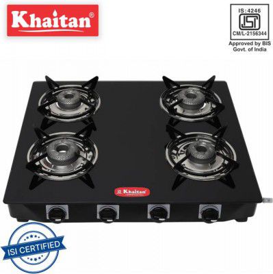 Khaitan 4 Burner Active with Forged Burners Black Toughened Glass Manual Gas Stove  (4 Burners)