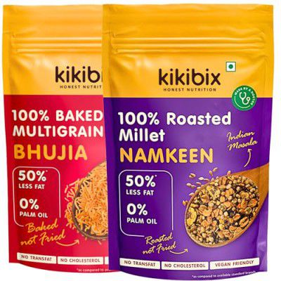 Kikibix Assorted Baked Multigrain Bhujiya & Roasted Millet Namkeen Combo Healthy Snacks, No Sugar, No Palm Oil, 100% Baked Not Fried (Pack of 2)