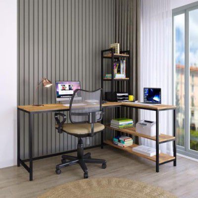 Klaxon L Shaped Study Table For Students And Adults/Computer Table For Home-Office/Gaming Table/Computer Desk For Corner - Wood & Metal, Multicolor