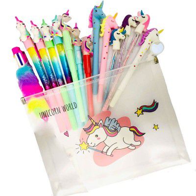 KOBBET 15pcs Unicorn Blue Gel Pen Pencil Collection with Pouch Unicorn School Stationery