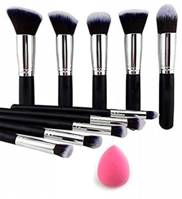 KOCCIDO Makeup Brush Set of 10 pcs with Sponge Puff (Black)