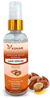 KOHAR NATURALS Premium Hair Serum Enriched with Moroccan Argan Oil, Almond Oil, Jojoba Oil, Protects from UV Rays and Everyday Damage and Make Stronger, Frizz Free, Silky, Shiny Healthy Hair, 100ml