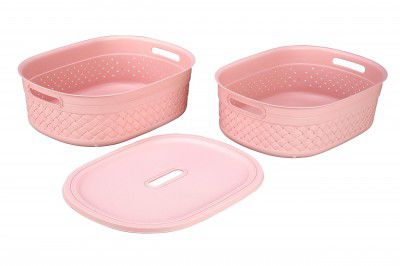 Kolorr Stitch Baskets Pack of 2 Large Size (11L Capacity) with 1 Lid for Home Storage - Pink