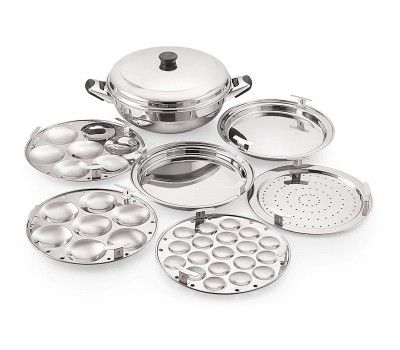 Konquer TimeS komal Multi Kadai with Induction Bottom 6 Pcs Set,1-Steamer Plate,1 Mini Idli Plate (19 Cavities),2 Idli Plates,2 Dhokla Plates. Heavy Quality.