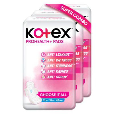 Kotex ProHealth+ Ultra thin Sanitary Pads for Women | XL+ size 126 napkins | Combo Pack (42s x 3) | Healthy Protection with No Leakage, No Wetness, and Rash free pads