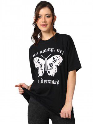 KOTTY Women's Cotton Blend Black Printed Oversized T-Shirts