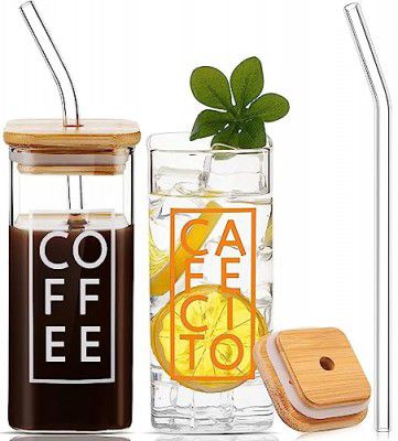 KriVat Drinking Glasses with Glass Straw and Bamboo Lids 2 Pcs 385 ML Soda and Tea and Coffee Can Beer Juice Glasses Ideal for Sipper Mug Iced Coffee Gift