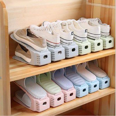 KSP HOME Shoe Holder Plastic Double Deck Space Saving Rack Stand for Closet Organization Adjustable Shoe Slots Folding Slots Organizer for Sandals Slipper Heels Holder, multicolor (Pack of 6)