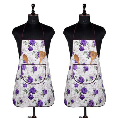 Kuber Industries Apron | PVC Cooking Kitchen Apron | Apron for Restaurent | Purple Flower Apron for Housewife | Chef Apron with Ties | Center Pocket Apron | Pack of 2 | White