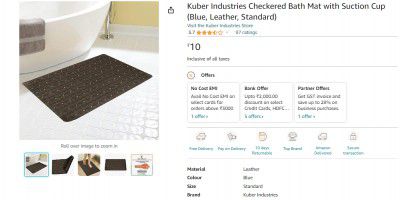 Kuber Industries Checkered Bath Mat with Suction Cup (Blue, Leather, Standard)