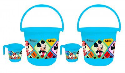 Kuber Industries Disney Mickey Minnie Print 4 Pieces Unbreakable Virgin Plastic Bathroom Bucket with Mug Set- Blue, (2 Pc 16 LTR Bucket & 2 Pc 500 ML Mug) 