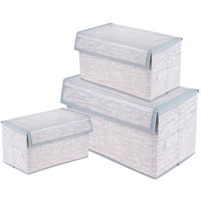 Kuber Industries Drawer Storage Box | Clothes Drawer Organizer with Handle | Transparent Lid with Velcro | Dhakkan Storage Box | Jute Printed | S | M | L | Pack of 3 | Gray