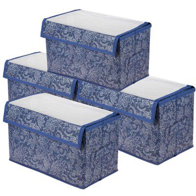 Kuber Industries Drawer Storage Box | Clothes Drawer Organizer with Handle | Transparent Lid with Velcro | Dhakkan Storage Box | Flower Print | Small | Pack of 4 | Navy Blue